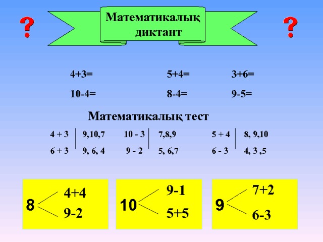 Математикалық диктант  4+3 =    5+4=   3+6=  10-4=    8-4=   9-5=   Математикалы қ тест 4 + 3  9,10,7  10 - 3  7,8,9   5 + 4 8, 9,10 6 + 3  9, 6, 4  9 - 2  5, 6,7   6 - 3  4, 3 ,5 7+2 9-1 10 8  9  4+4 9-2 5+5 6-3 