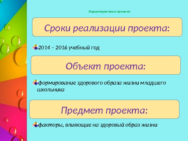 Характеристика проекта   2014 – 2016 учебный год     формирование здорового образа жизни младшего школьника     факторы, влияющие на здоровый образ жизни   Сроки реализации проекта: Объект проекта: Предмет проекта: 