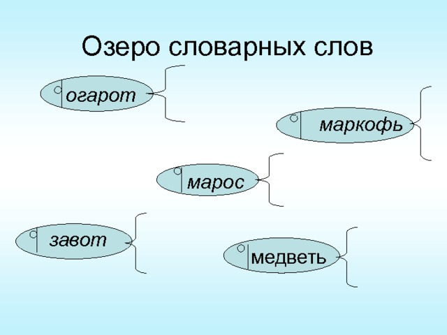 Озеро словарных слов  огарот  маркофь   марос  завот медветь 