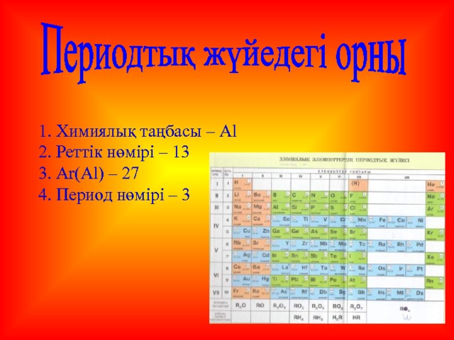 1.  Химиялық таңбасы – Al 2.  Реттік нөмірі – 13 3.  Ar(Al) – 27 4.  Период нөмірі – 3 