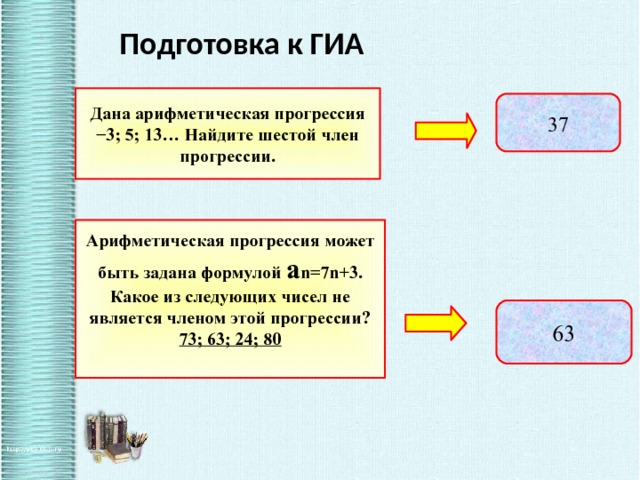  Подготовка к ГИА Дана арифметическая прогрессия −3; 5; 13… Найдите шестой член прогрессии. 37 Арифметическая прогрессия может быть задана формулой a n=7n+3. Какое из следующих чисел не является членом этой прогрессии? 73; 63; 24; 80  63 