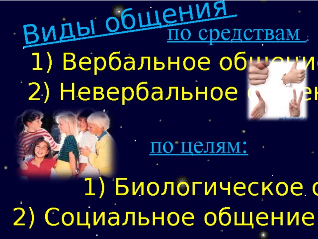 Виды общения по средствам : 1) Вербальное общение 2) Невербальное общение по целям: 1) Биологическое общение 2) Социальное общение 