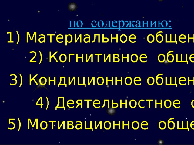 по содержанию: 1) Материальное общение 2) Когнитивное общение 3) Кондиционное общение 4) Деятельностное общение 5) Мотивационное общение 