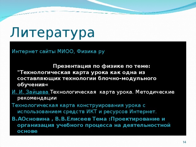 Литература Интернет сайты МИОО, Физика ру Г.А.Каменнова Презентация по физике по теме: 