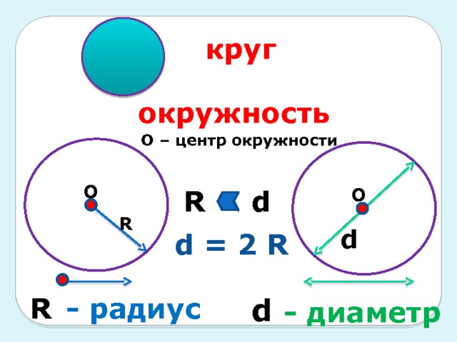 круг окружность О – центр окружности О d О R R d d = 2 R R - радиус d - диаметр 