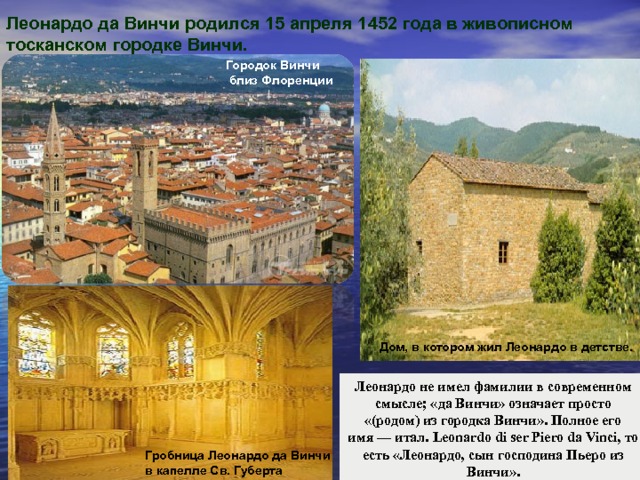 Леонардо да Винчи родился 15 апреля 1452 года в живописном тосканском городке Винчи.  Городок Винчи  близ Флоренции Дом, в котором жил Леонардо в детстве. Леонардо не имел фамилии в современном смысле; «да Винчи» означает просто «(родом) из городка Винчи». Полное его имя — итал. Leonardo di ser Piero da Vinci, то есть «Леонардо, сын господина Пьеро из Винчи». Гробница Леонардо да Винчи  в капелле Св. Губерта 
