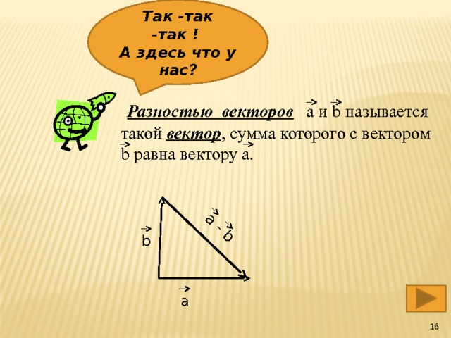 Так -так -так ! А здесь что у нас? a - b  Разностью векторов a и b называется такой вектор , сумма которого с вектором b равна вектору a. b a  