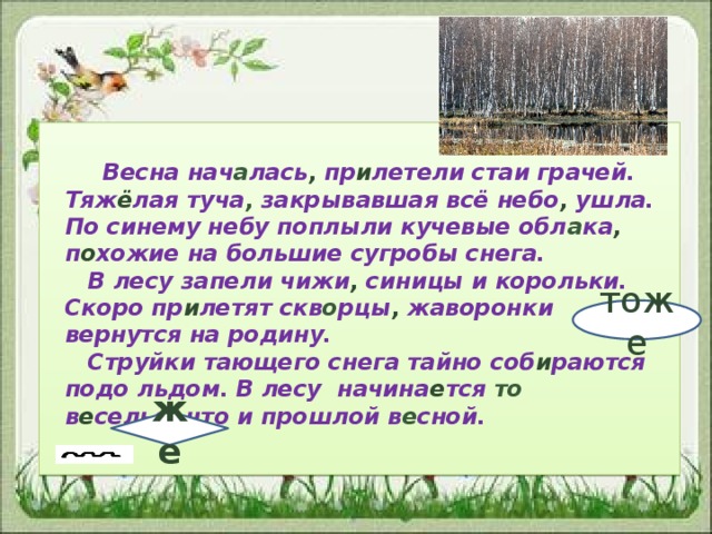 Весна нач а лась , пр и летели стаи грачей.    Тяж ё лая туча , закрывавшая всё небо , ушла. По синему небу поплыли кучевые обл а ка , п о хожие на большие сугробы снега.   В лесу запели чижи , синицы и корольки. Скоро пр и летят скв о рцы , жаворонки вернутся на родину.   Струйки тающего снега тайно соб и раются подо льдом. В лесу начина е тся то в е селье , что и прошлой в е сной. тоже же