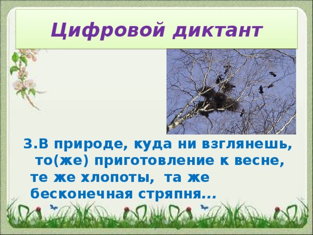 Цифровой диктант  3.В природе, куда ни взглянешь, то(же) приготовление к весне, те же хлопоты, та же бесконечная стряпня ...  