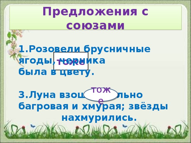 Предложения с союзами 1.Розовели брусничные ягоды, черника  была в цвету.  3.Луна взошла сильно багровая и хмурая; звёзды нахмурились. тоже тоже