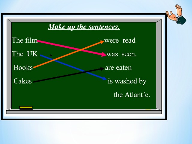  Make up the sentences. The film were read The UK was seen.  Books are eaten  Cakes is washed by  the Atlantic. 