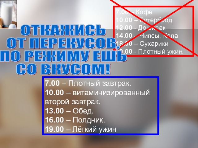 7.00 – Кофе 10.00 – Бутерброд 12.00 - Доширак 14.00 – Чипсы, Кола 18.00 – Сухарики 20.00 - Плотный ужин . 7.00 – Плотный завтрак. 10.00 – витаминизированный второй завтрак. 13.00 – Обед. 16.00 – Полдник. 19.00 – Лёгкий ужин 