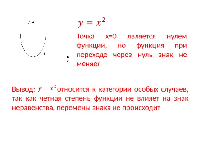 Точка х=0 является нулем функции, но функция при переходе через нуль знак не меняет Вывод: относится к категории особых случаев, так как четная степень функции не влияет на знак неравенства, перемены знака не происходит 