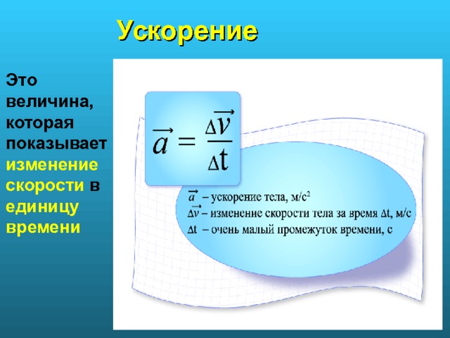 Ускорение Это величина, которая показывает изменение скорости в единицу времени 