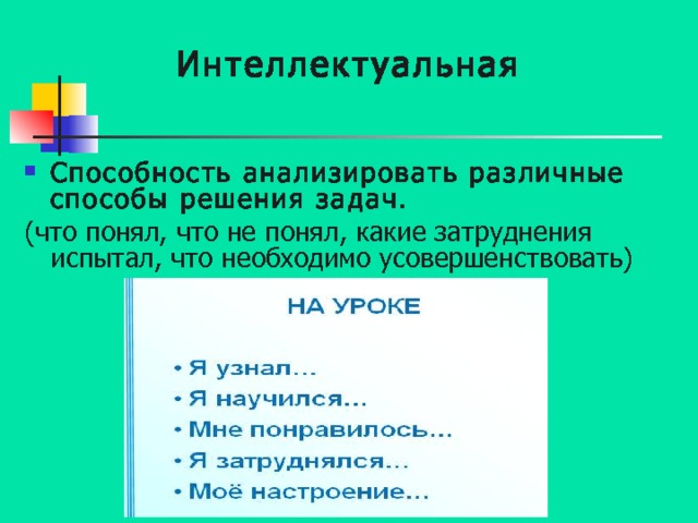 Интеллектуальная Способность анализировать различные способы решения задач. (что понял, что не понял, какие затруднения испытал, что необходимо усовершенствовать) 