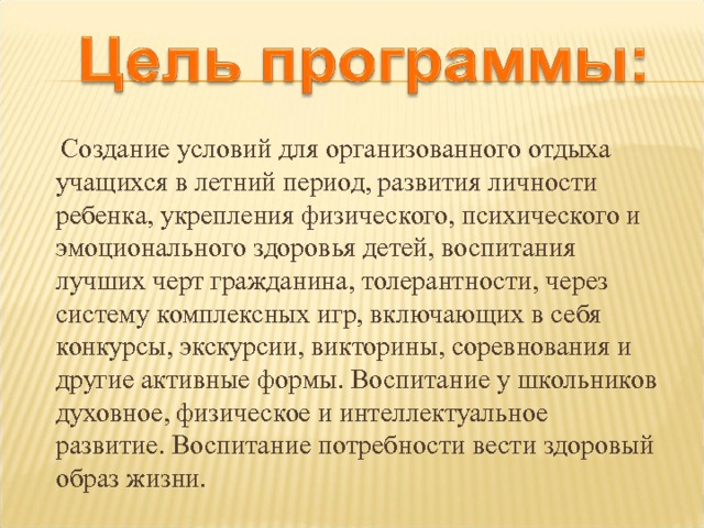  Создание условий для организованного отдыха учащихся в летний период, развития личности ребенка, укрепления физического, психического и эмоционального здоровья детей, воспитания лучших черт гражданина, толерантности, ч ерез систему комплексных игр, включающих в себя конкурсы, экскурсии, викторины, соревнования и другие активные формы. Воспитание у школьников духовное, физическое и интеллектуальное развитие. Воспитание потребности вести здоровый образ жизни.     