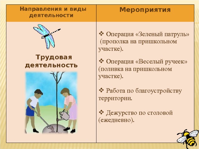  Направления и виды деятельности Мероприятия  Трудовая деятельность  Операция «Зеленый патруль» (прополка на пришкольном участке).  Операция «Веселый ручеек» (поливка на пришкольном участке).  Работа по благоустройству территории.  Дежурство по столовой (ежедневно).  