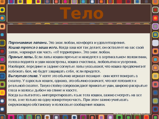 Тело Переминание лапами. Это знак любви, комфорта и удовлетворения.  Кошка трется о ваши ноги. Когда ваш кот так делает, он оставляет на вас свой запах, маркируя как часть «её территории». Это знак любви.  Прямые лапы. Если лапы кошки прямые и находятся в вертикальном положении, голова поднята и уши навострены, кошка счастлива, любопытна и уверенна. Наоборот, передние и задние согнутые лапы указывают, что кошка предпочитает избежать боя, но будет защищать себя, если придется.  Выгнутая спина . У котят это обычно игривая позиция - они хотят поиграть в схватку. У взрослых кошек, однако, это обычно означает, что кот готовится к реальной схватке. Такую стойку сопровождают прижатые уши, широко раскрытые глаза и волосы дыбом на спине и хвосте.  Когда вы пытаетесь интерпретировать язык тела кошки, важно смотреть на все тело, а не только на одну конкретную часть. При этом важно учитывать окружающую обстановку и голосовые сообщения кошки. 