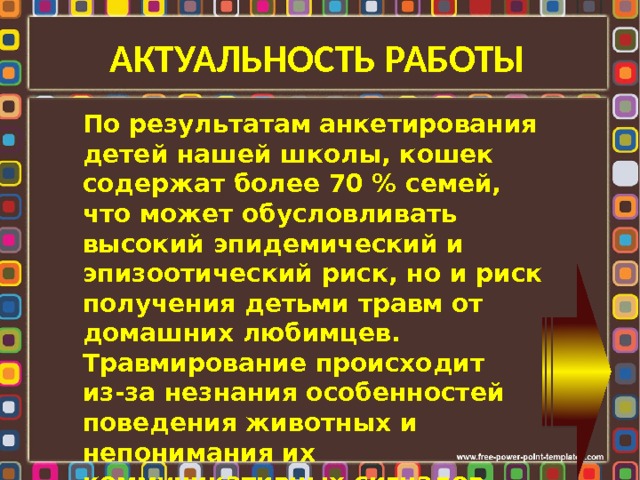 АКТУАЛЬНОСТЬ РАБОТЫ По результатам анкетирования детей нашей школы, кошек содержат более 70 % семей, что может обусловливать высокий эпидемический и эпизоотический риск, но и риск получения детьми травм от домашних любимцев. Травмирование происходит из-за незнания особенностей поведения животных и непонимания их коммуникативных сигналов . Данный вопрос представляет несомненный научный и практический интерес. 