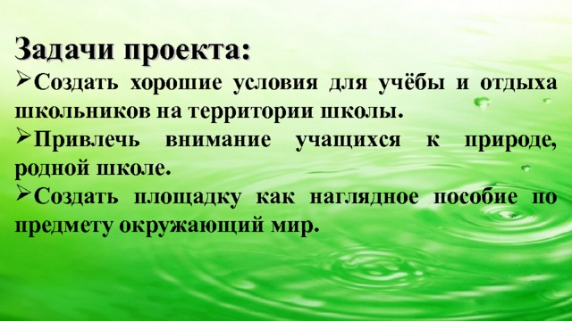 Задачи проекта: Создать хорошие условия для учёбы и отдыха школьников на территории школы. Привлечь внимание учащихся к природе, родной школе. Создать площадку как наглядное пособие по предмету окружающий мир. 