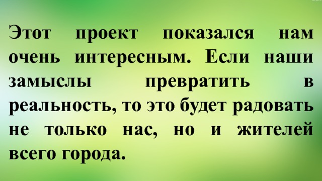 Этот проект показался нам очень интересным. Если наши замыслы превратить в реальность, то это будет радовать не только нас, но и жителей всего города. 