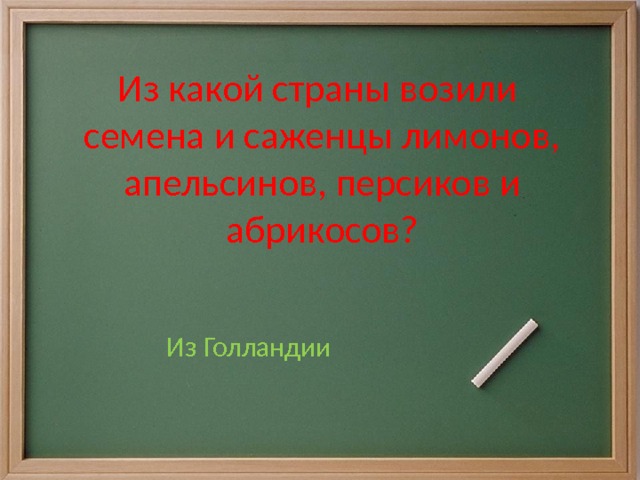 Из какой страны возили семена и саженцы лимонов, апельсинов, персиков и абрикосов? Из Голландии 