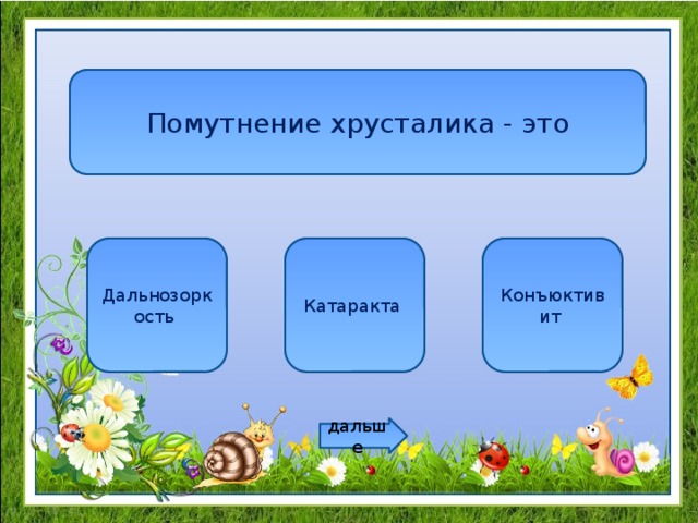 Помутнение хрусталика - это Дальнозоркость Катаракта Конъюктивит дальше