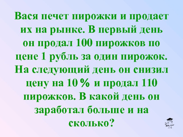 Вася печет пирожки и продает их на рынке. В первый день он продал 100 пирожков по цене 1 рубль за один пирожок. На следующий день он снизил цену на 10  и продал 110 пирожков. В какой день он заработал больше и на сколько? 
