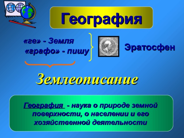 География «ге» - Земля Эратосфен «графо» - пишу Землеописание География - наука о природе земной поверхности, о населении и его хозяйственной деятельности  