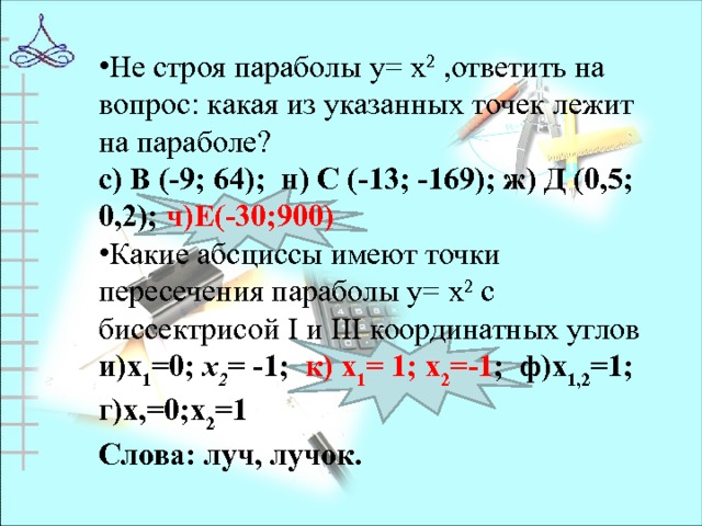 Не строя параболы у= х 2 ,ответить на вопрос: какая из указанных точек лежит на параболе? с) В (-9; 64); н) С (-13; -169); ж) Д (0,5; 0,2); ч)Е(-30;900) Какие абсциссы имеют точки пересечения параболы у= х 2 с биссектрисой I и III координатных углов и)х 1 =0; х 2 = -1; к) x 1 = 1; х 2 =-1 ; ф)х 1,2 =1; г)х,=0;х 2 =1 Слова: луч, лучок. 