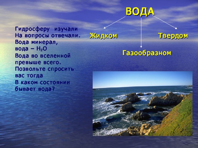 ВОДА Гидросферу изучали На вопросы отвечали. Вода минерал, вода – H 2 O Вода во вселенной превыше всего. Позвольте спросить вас тогда В каком состоянии бывает вода? Жидком Твердом Газообразном 