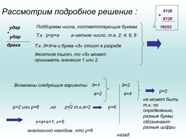 Рассмотрим подробное решение :   8126  8126 16252  +   удар  удар драка Подбираем числа, соответствующие буквам. Т.к. р+р=а а-четное число, т.е. 2; 4; 6; 8 Т.к. д+д=а и буква «д» стоит в разряде десятков тысяч, то «д» может принимать значения 1 или 2. Возможны следующие варианты: д=1 д=2  а=2 а=4 р=2 не может быть т.к. по определению, разные буквы обозначают разные цифры  р=2 т.к.а=2 р=2 или р=6 ,но р=6  к=а+а+1, к=5 аналогично находим ,что у=8 назад  