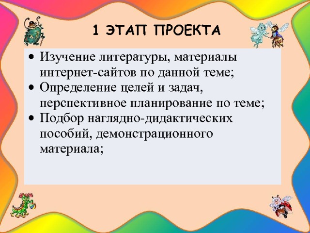  1 ЭТАП ПРОЕКТА  Изучение литературы, материалы интернет-сайтов по данной теме; Определение целей и задач, перспективное планирование по теме; Подбор наглядно-дидактических пособий, демонстрационного материала; 