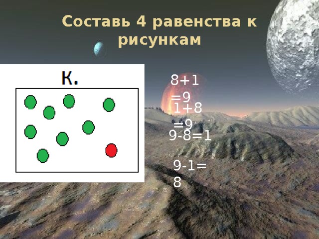 Составь 4 равенства к рисункам 8+1=9 1+8=9 9-8=1 9-1=8 