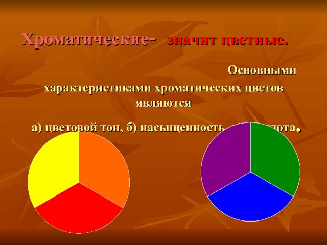 Хроматические -  значит цветные.  Основными характеристиками хроматических цветов являются   а) цветовой тон, б) насыщенность, в) светлота . 