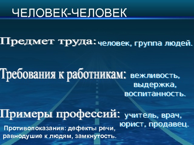 ЧЕЛОВЕК-ЧЕЛОВЕК человек, группа людей. вежливость, выдержка, воспитанность. учитель, врач, юрист, продавец. Противопоказания: дефекты речи, равнодушие к людям, замкнутость. 