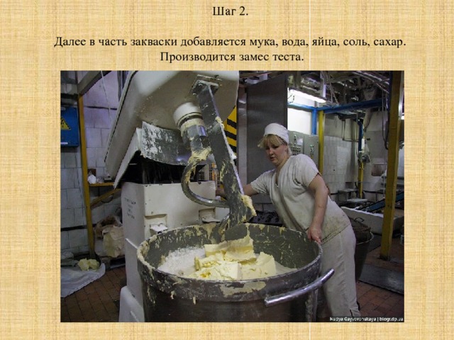 Шаг 2. Далее в часть закваски добавляется мука, вода, яйца, соль, сахар.  Производится замес теста. 