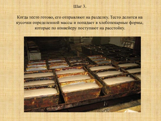 Шаг 3. Когда тесто готово, его отправляют на разделку. Тесто делится на кусочки определенной массы и попадает в хлебопекарные формы, которые по конвейеру поступают на расстойку. 