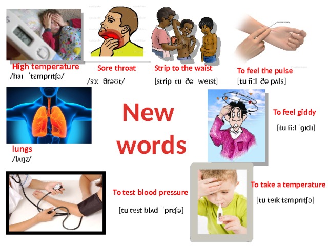 High temperature Strip to the waist Sore throat To feel the pulse /haɪ ˈtɛmprɪtʃə/ weɪst] [tu fiːl ðə pʌls] tu ðə /sɔː θrəʊt/ [strip New words To feel giddy [tu fi:l ˈɡɪdɪ] lungs /lʌŋz/ To take a temperature To test blood pressure [tu teɪk tɛmprɪtʃə] [tu test blʌd ˈprɛʃə] 