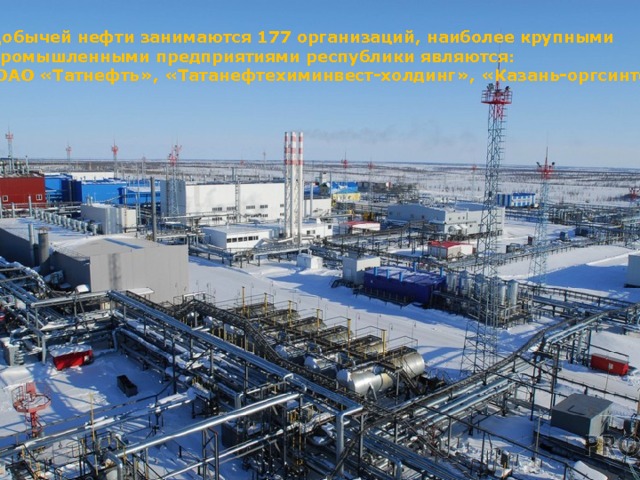 Добычей нефти занимаются 177 организаций, наиболее крупными промышленными предприятиями республики являются:  OАО «Татнефть», «Татанефтехиминвест-холдинг», «Казань-оргсинтез». 
