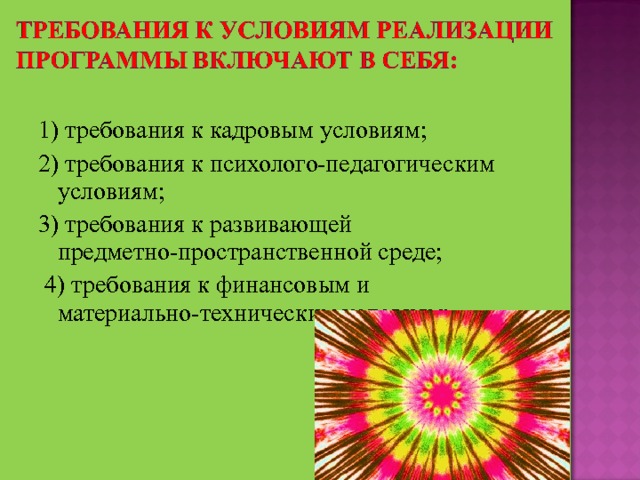 1) требования к кадровым условиям; 2) требования к психолого-педагогическим условиям; 3) требования к развивающей предметно-пространственной среде;  4) требования к финансовым и материально-техническим условиям; 