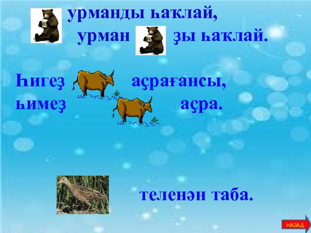 … урманды һаҡлай,  урман … ҙы һаҡлай.  Һигеҙ .... аҫрағансы, һимеҙ ... аҫра.    … теленән таба.  НАЗАД 