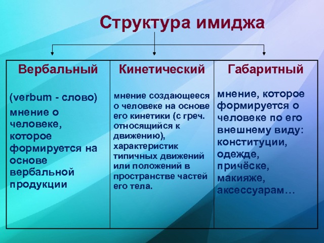  Структура имиджа Вербальный ( verbum - слово) мнение о человеке, которое формируется на основе вербальной продукции Кинетический  мнение создающееся о человеке на основе его кинетики (с греч. относящийся к движению), характеристик типичных движений или положений в пространстве частей его тела. Габаритный  мнение, которое формируется о человеке по его внешнему виду: конституции, одежде, причёске, макияже, аксессуарам… 