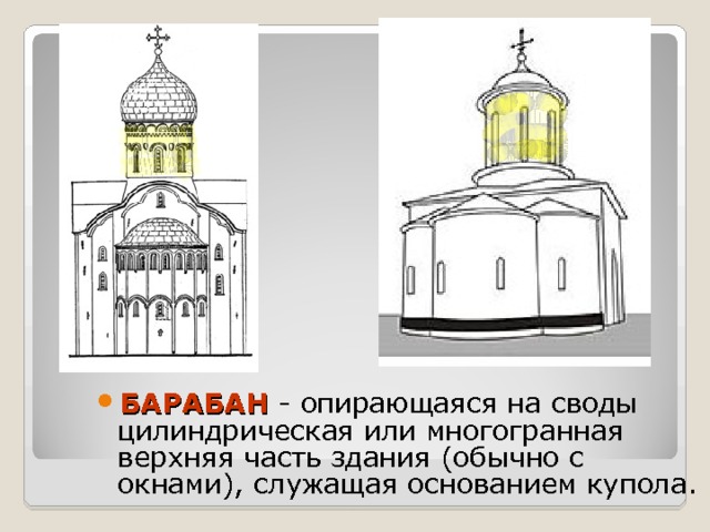 БАРАБАН - опирающаяся на своды цилиндрическая или многогранная верхняя часть здания (обычно с окнами), служащая основанием купола.   