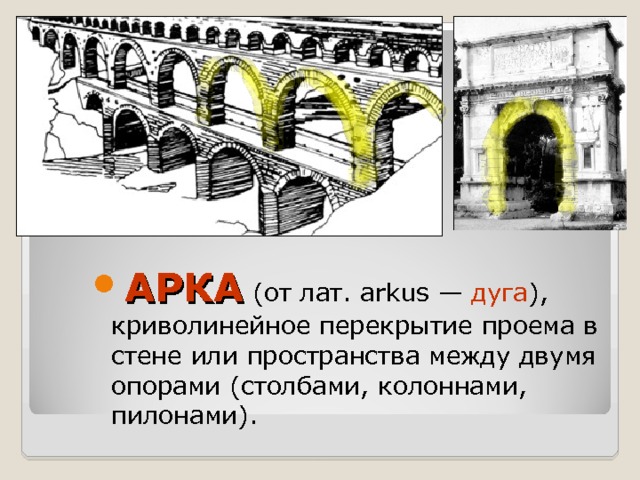 АРКА (от лат. arkus — дуга ), криволинейное перекрытие проема в стене или пространства между двумя опорами (столбами, колоннами, пилонами). 