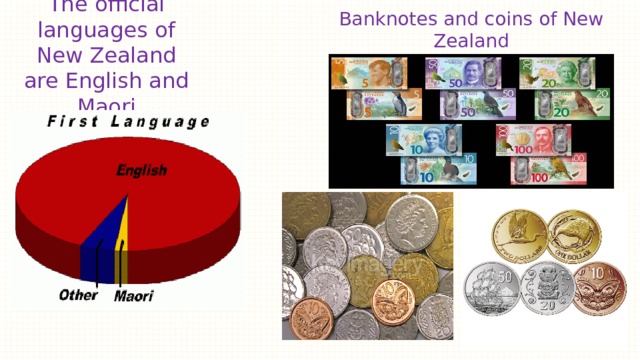 Banknotes and coins of New Zealand The official languages of New Zealand are English and Maori 