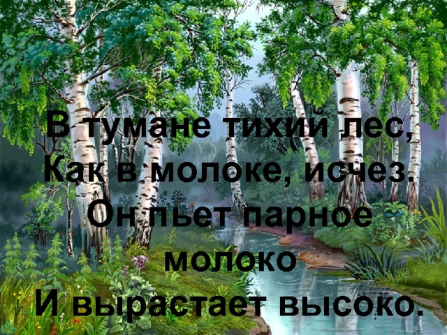 В тумане тихий лес,  Как в молоке, исчез.  Он пьет парное молоко  И вырастает высоко. 