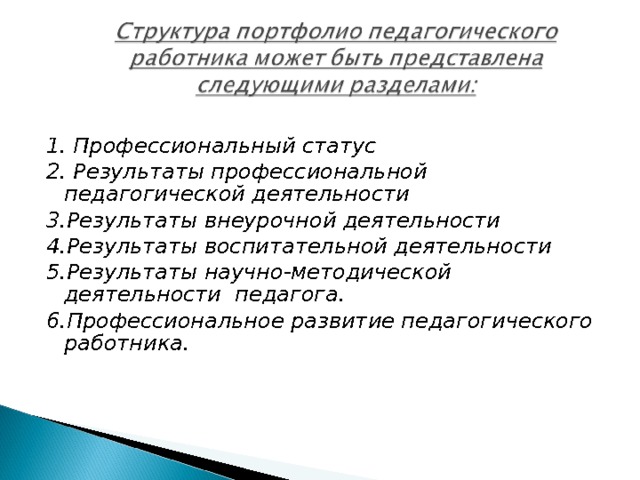  1. Профессиональный статус  2. Результаты профессиональной педагогической деятельности  3.Результаты внеурочной деятельности 4.Результаты воспитательной деятельности 5.Результаты научно-методической деятельности педагога.  6.Профессиональное развитие педагогического работника. 