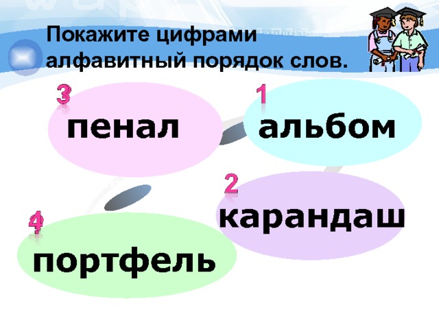 Покажите цифрами алфавитный порядок слов. пенал альбом Text карандаш портфель 