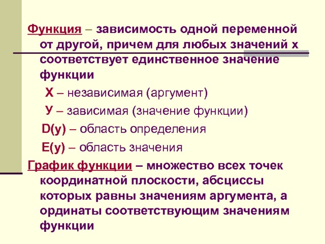 Функция  –  зависимость одной переменной от другой, причем для любых значений х соответствует единственное значение функции  Х – независимая (аргумент)  У – зависимая (значение функции)  D(y) – область определения  Е(у) – область значения График функции  – множество всех точек координатной плоскости, абсциссы которых равны значениям аргумента, а ординаты соответствующим значениям функции 